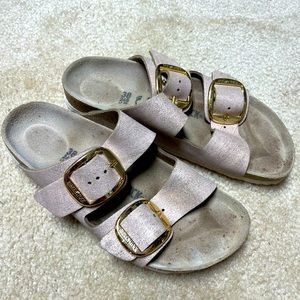 Birkenstock brushed pink metallic with large buckle